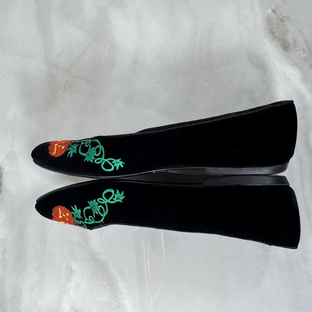 Vintage Black Velvet Embroidered Halloween Flats Pumpkins Black Cats 8.5 M - Picture 5 of 12